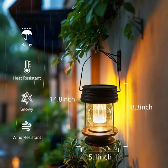 Alt view image 5 of 7 - Solar Lanterns Outdoor - 2 Pack Hanging Solar Lights for Outside, Waterproof Outdoor Garden Lanterns Lamp Vintage Design for Landscape Yard Pathway Beach Pavilion Table Decoration (Warm Lights)