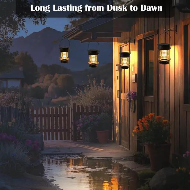 Alt view image 4 of 7 - Solar Lanterns Outdoor - 2 Pack Hanging Solar Lights for Outside, Waterproof Outdoor Garden Lanterns Lamp Vintage Design for Landscape Yard Pathway Beach Pavilion Table Decoration (Warm Lights)