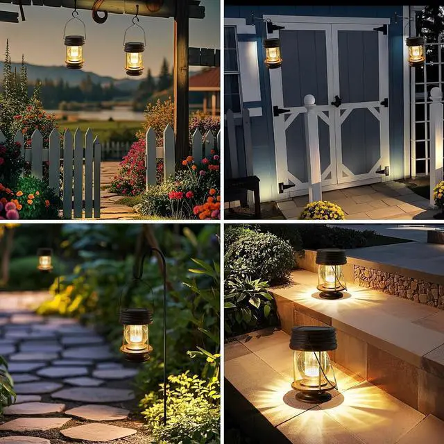Alt view image 6 of 7 - Solar Lanterns Outdoor - 2 Pack Hanging Solar Lights for Outside, Waterproof Outdoor Garden Lanterns Lamp Vintage Design for Landscape Yard Pathway Beach Pavilion Table Decoration (Warm Lights)