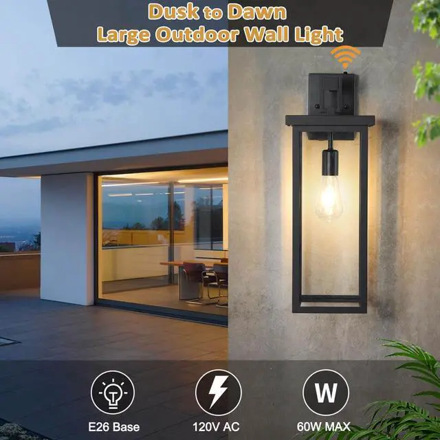 Alt view image 2 of 7 - tewei 2 Pack Dusk to Dawn Large Outdoor Wall Lantern, 20 Inch Black Exterior Wall Light Fixtures, Large Porch Light with Clear Shade Sensor Modern Outdoor Sconce Lights for House Garage, E26 Base