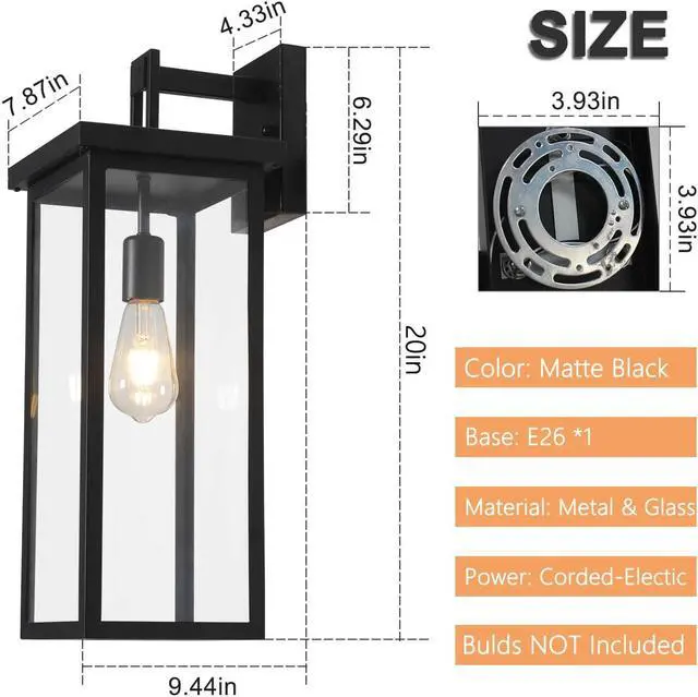 Alt view image 4 of 7 - tewei 2 Pack Dusk to Dawn Large Outdoor Wall Lantern, 20 Inch Black Exterior Wall Light Fixtures, Large Porch Light with Clear Shade Sensor Modern Outdoor Sconce Lights for House Garage, E26 Base