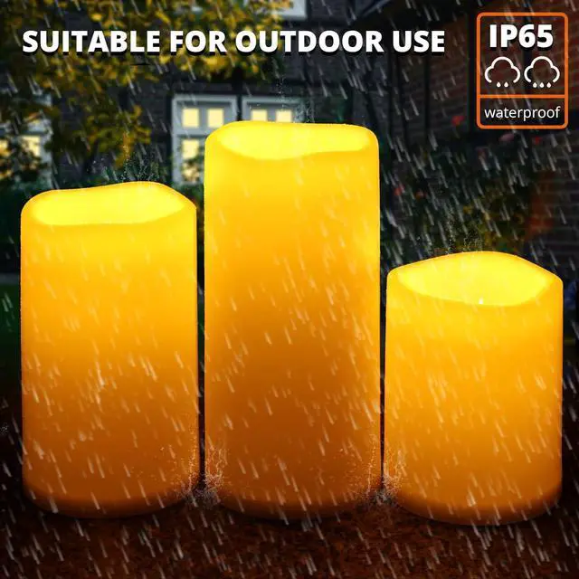 Alt view image 3 of 7 - NURADA Large Outdoor Flameless Candles 6" 8" 10" x 5" - Waterproof LED Pillar Flickering Candle Battery Operated with Timer Remote for Patio Porch Lanterns - Ivory White Set of 3
