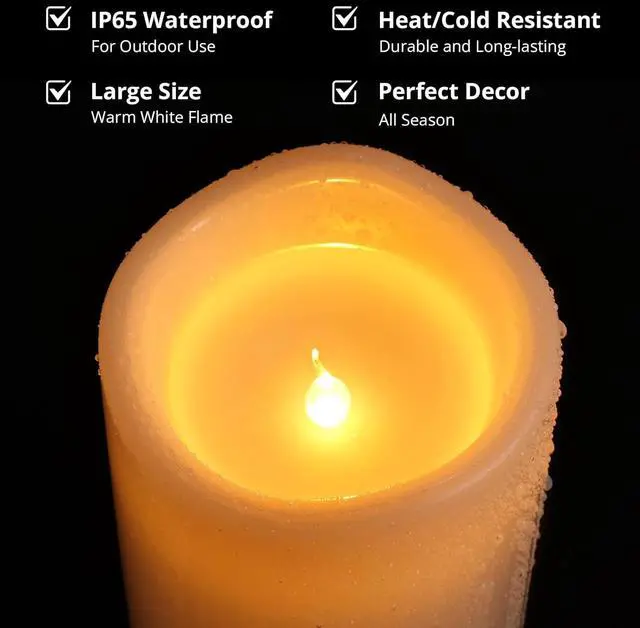 Alt view image 4 of 7 - NURADA Large Outdoor Flameless Candles 6" 8" 10" x 5" - Waterproof LED Pillar Flickering Candle Battery Operated with Timer Remote for Patio Porch Lanterns - Ivory White Set of 3