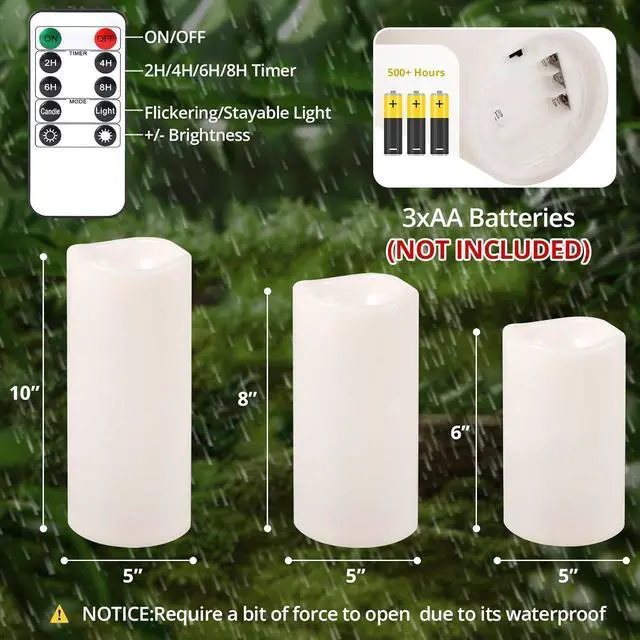 Alt view image 7 of 7 - NURADA Large Outdoor Flameless Candles 6" 8" 10" x 5" - Waterproof LED Pillar Flickering Candle Battery Operated with Timer Remote for Patio Porch Lanterns - Ivory White Set of 3