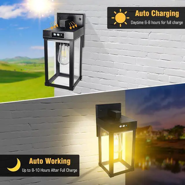 Alt view image 2 of 7 - Solar Wall Lights Outdoor, Solar Sconce Lantern with 3 Lighting Modes & Motion Sensor, Porch Light Fixture Outside Waterproof with Clear Panel for Garage Yard Front Door Shed (2 Pack)