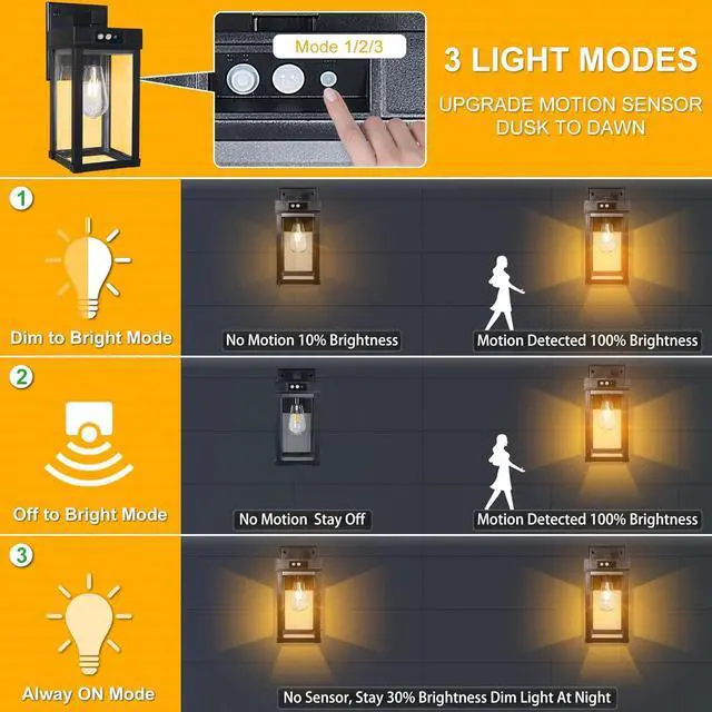 Alt view image 5 of 7 - Solar Wall Lights Outdoor, Solar Sconce Lantern with 3 Lighting Modes & Motion Sensor, Porch Light Fixture Outside Waterproof with Clear Panel for Garage Yard Front Door Shed (2 Pack)