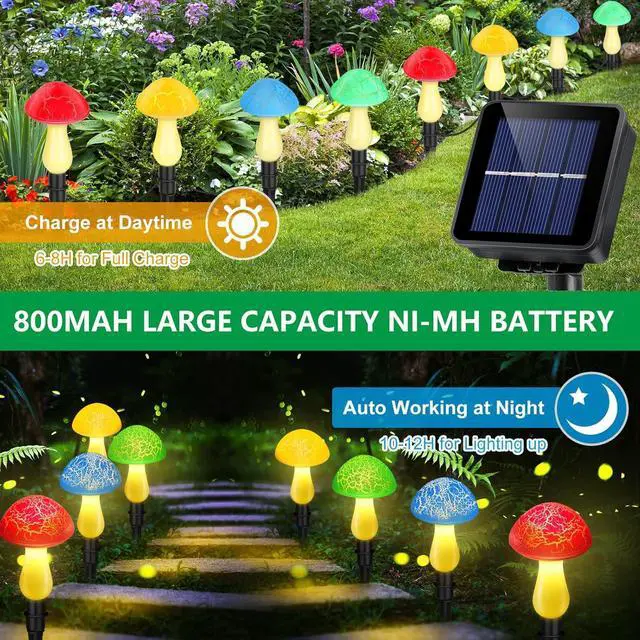 Alt view image 2 of 7 - Mushroom Solar Lights Outdoor, Cute Garden Mushrooms Outdoor Decor Stake String Lightings Waterproof with 8 Lights and 8 Modes for Outside Back Yard Lawn Flowerbed Gnome Decorations