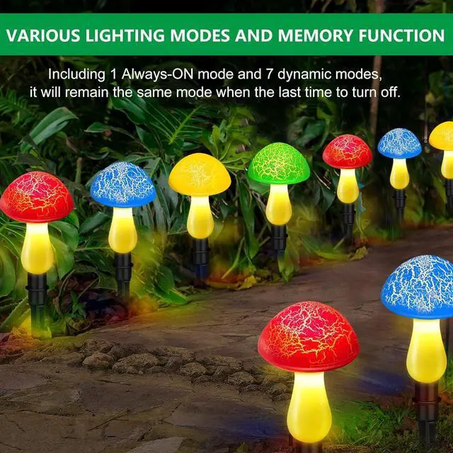 Alt view image 3 of 7 - Mushroom Solar Lights Outdoor, Cute Garden Mushrooms Outdoor Decor Stake String Lightings Waterproof with 8 Lights and 8 Modes for Outside Back Yard Lawn Flowerbed Gnome Decorations