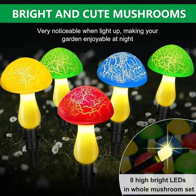 Alt view image 4 of 7 - Mushroom Solar Lights Outdoor, Cute Garden Mushrooms Outdoor Decor Stake String Lightings Waterproof with 8 Lights and 8 Modes for Outside Back Yard Lawn Flowerbed Gnome Decorations