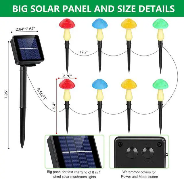 Alt view image 6 of 7 - Mushroom Solar Lights Outdoor, Cute Garden Mushrooms Outdoor Decor Stake String Lightings Waterproof with 8 Lights and 8 Modes for Outside Back Yard Lawn Flowerbed Gnome Decorations