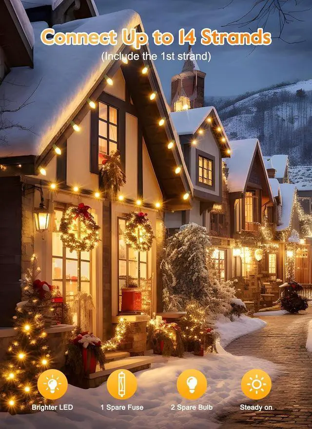 Alt view image 5 of 7 - Vintage C9 LED Christmas Lights Outdoor, 100 Feet C9 String Lights with 50 Shatterproof C9 Bulbs, Waterproof Connectable Christmas Tree Lights for Outside Roofline Patio Xmas Decorations, Warm White