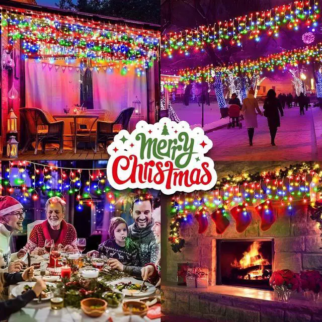 Alt view image 5 of 7 - KNONEW 99ft 1216 LED Christmas Lights Outdoor 8 Modes Curtain Fairy String Light with 228 Drops, Clear Wire LED String Light Decor for Wedding Party Christmas Decorations(Multicolor)