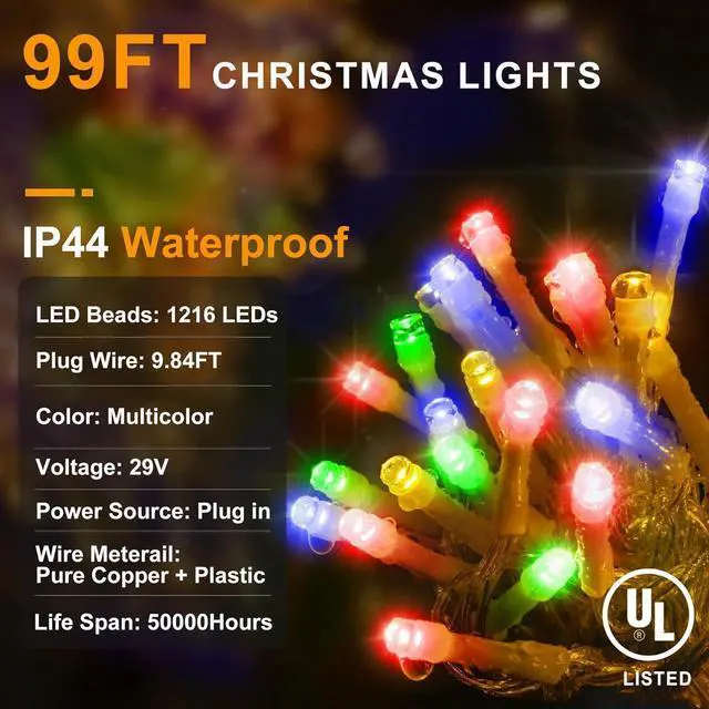 Alt view image 6 of 7 - KNONEW 99ft 1216 LED Christmas Lights Outdoor 8 Modes Curtain Fairy String Light with 228 Drops, Clear Wire LED String Light Decor for Wedding Party Christmas Decorations(Multicolor)