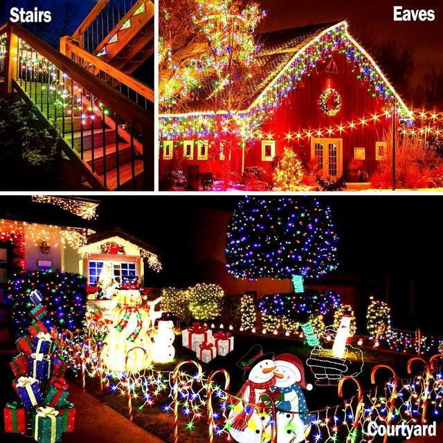 Alt view image 7 of 7 - KNONEW 99ft 1216 LED Christmas Lights Outdoor 8 Modes Curtain Fairy String Light with 228 Drops, Clear Wire LED String Light Decor for Wedding Party Christmas Decorations(Multicolor)