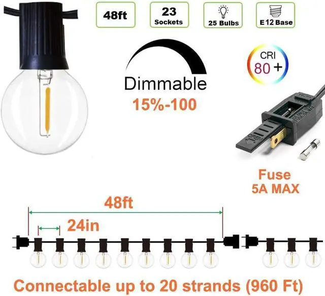 Alt view image 2 of 7 - Outdoor String Lights 48ft with 23+2 Spare Bulbs, Shatterproof Dimmable Waterproof, LED 1W 60LM 2200K Warm Glow for Indoor/Outdoor Decoration and Lighting -Black Wire