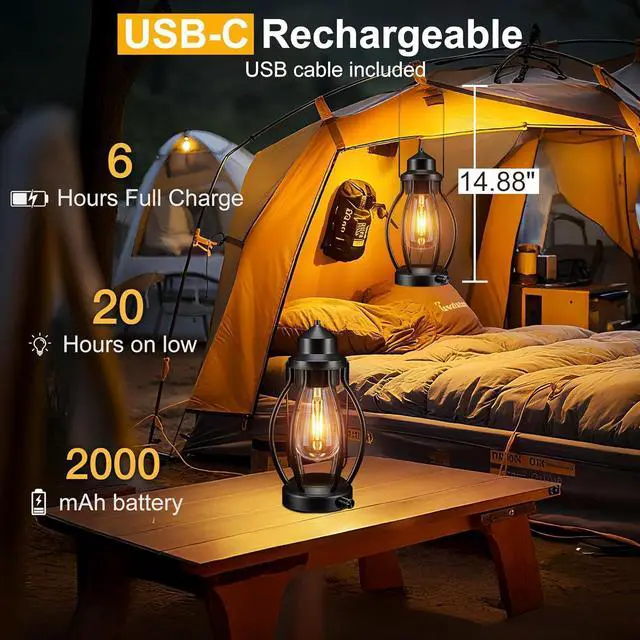 Alt view image 3 of 7 - pearlstar Lantern Rechargeable Lamps Decorative Outdoor & Indoor, 2 Pack Vintage Portable LED Lanterns with Fully Dimmable Modes, Camping Lamp Outdoor Lantern for Table Patio Garden Yard Pathway Porch