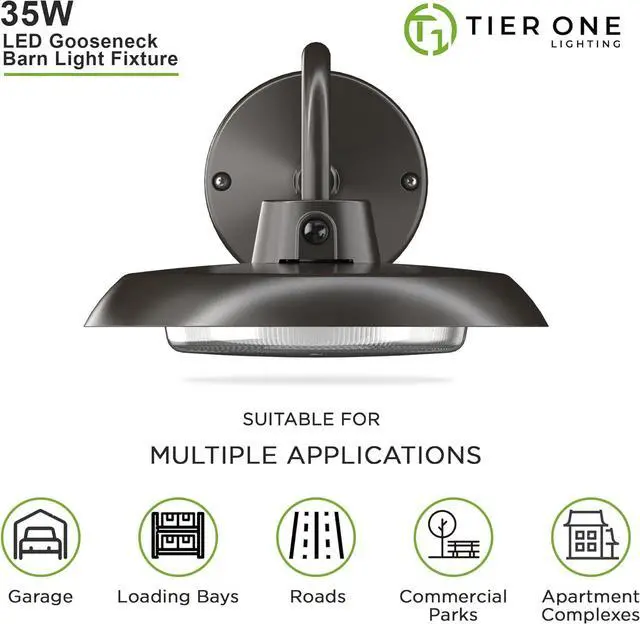 Alt view image 2 of 7 - 35W LED Gooseneck Barn Light 8 Inch Outdoor Farmhouse Wall Light with Dusk to Dawn Photocell Pole/Wall Mounted Area Light for Barn Garage Yard Warehouse 120VAC 4000K 3100LM UL Listed IP65 Dark Bronze