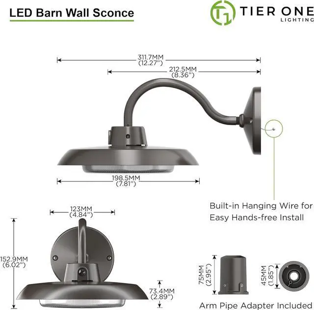 Alt view image 4 of 7 - 35W LED Gooseneck Barn Light 8 Inch Outdoor Farmhouse Wall Light with Dusk to Dawn Photocell Pole/Wall Mounted Area Light for Barn Garage Yard Warehouse 120VAC 4000K 3100LM UL Listed IP65 Dark Bronze