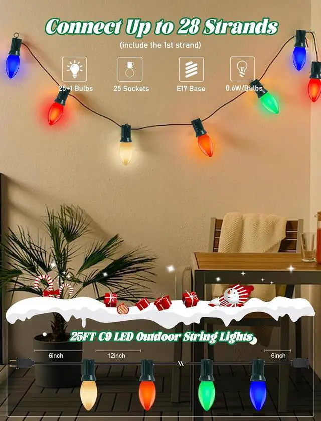 Alt view image 2 of 7 - C9 LED Christmas Lights Outdoor 25Ft Outdoor Christmas Decorations String Light Waterproof with 26 C9 LED Multicolor Bulbs, Hanging Vintage Christmas Lights for Patio Roofline Garden Holiday Party