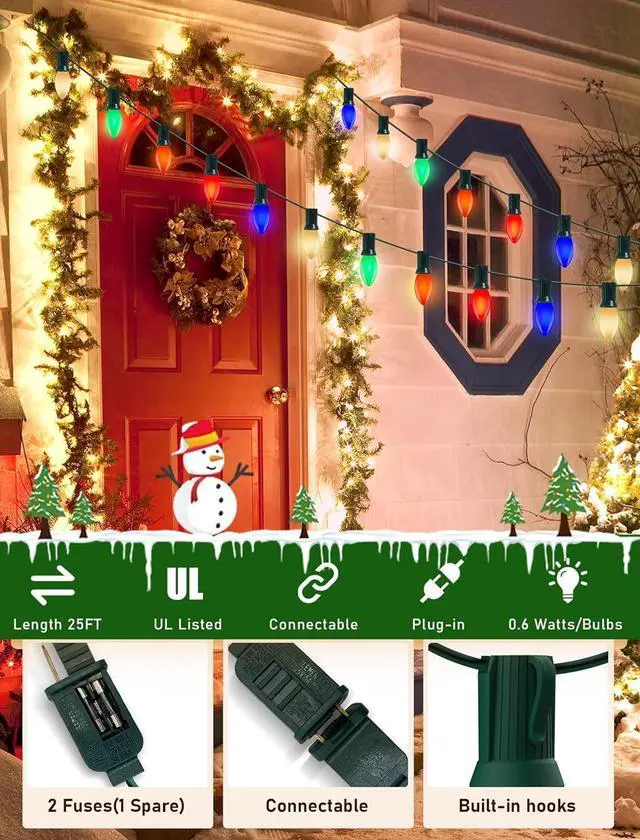 Alt view image 5 of 7 - C9 LED Christmas Lights Outdoor 25Ft Outdoor Christmas Decorations String Light Waterproof with 26 C9 LED Multicolor Bulbs, Hanging Vintage Christmas Lights for Patio Roofline Garden Holiday Party