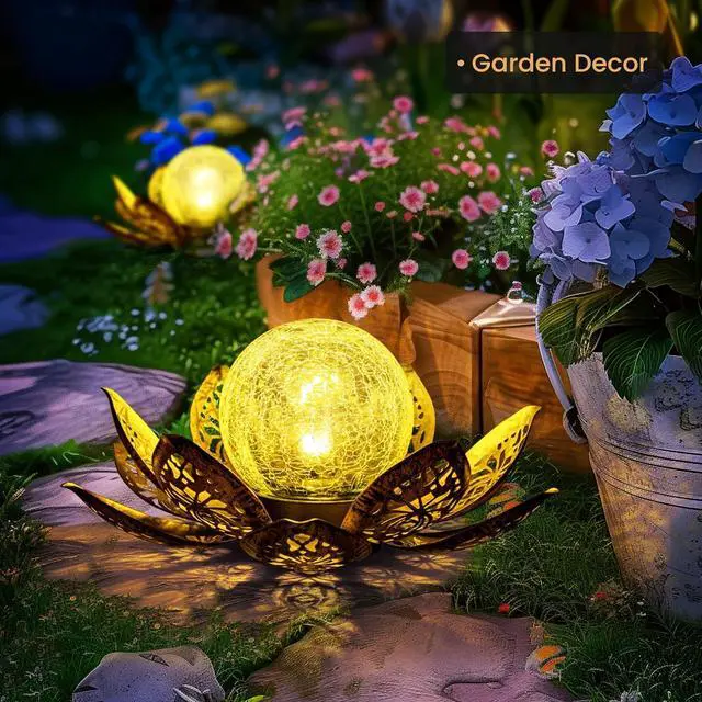 Alt view image 2 of 7 - GIGALUMI Solar Lights Outdoor Garden Decor, Adjustable Metal Petal Lotus Flower Lights Crackle Globe Glass Lantern Outdoor Table Decor Waterproof for Patio, Lawn, Pathway, Pond, Christmas Gift
