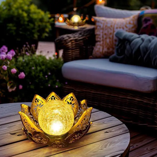 Main image of GIGALUMI Solar Lights Outdoor Garden Decor, Adjustable Metal Petal Lotus Flower Lights Crackle Globe Glass Lantern Outdoor Table Decor Waterproof for Patio, Lawn, Pathway, Pond, Christmas Gift