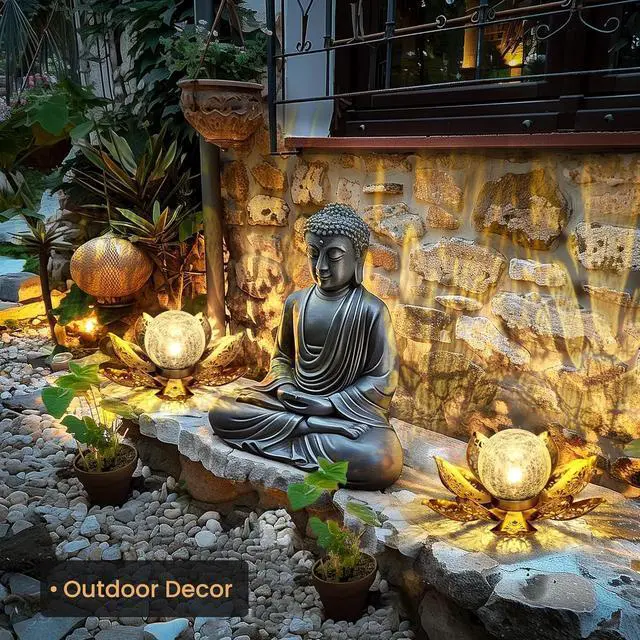 Alt view image 5 of 7 - GIGALUMI Solar Lights Outdoor Garden Decor, Adjustable Metal Petal Lotus Flower Lights Crackle Globe Glass Lantern Outdoor Table Decor Waterproof for Patio, Lawn, Pathway, Pond, Christmas Gift