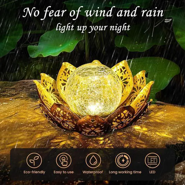 Alt view image 7 of 7 - GIGALUMI Solar Lights Outdoor Garden Decor, Adjustable Metal Petal Lotus Flower Lights Crackle Globe Glass Lantern Outdoor Table Decor Waterproof for Patio, Lawn, Pathway, Pond, Christmas Gift