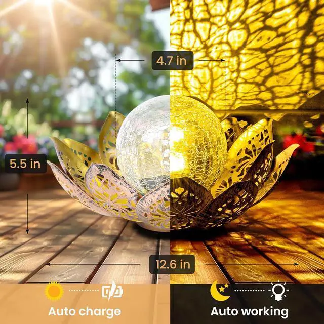 Alt view image 6 of 7 - GIGALUMI Solar Lights Outdoor Garden Decor, Adjustable Metal Petal Lotus Flower Lights Crackle Globe Glass Lantern Outdoor Table Decor Waterproof for Patio, Lawn, Pathway, Pond, Christmas Gift