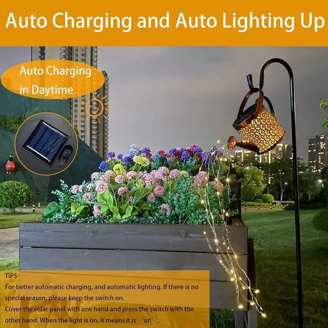 Alt view image 2 of 6 - Solar Lanterns Outdoor Waterproof,Metal Watering Can Garden Decor,Hanging Solar Path Lights Yard Art,Outside Patio Decorations Gardening Birthday Gifts for Mom Grandma Women,with Hook,Large