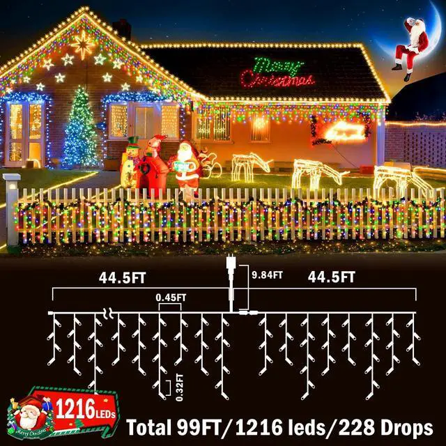 Alt view image 2 of 7 - KNONEW 99ft 1216 LED Christmas Lights Outdoor 8 Modes Curtain Fairy String Light with 228 Drops, Clear Wire LED String Light Decor for Wedding Party Christmas Decorations(Multicolor)