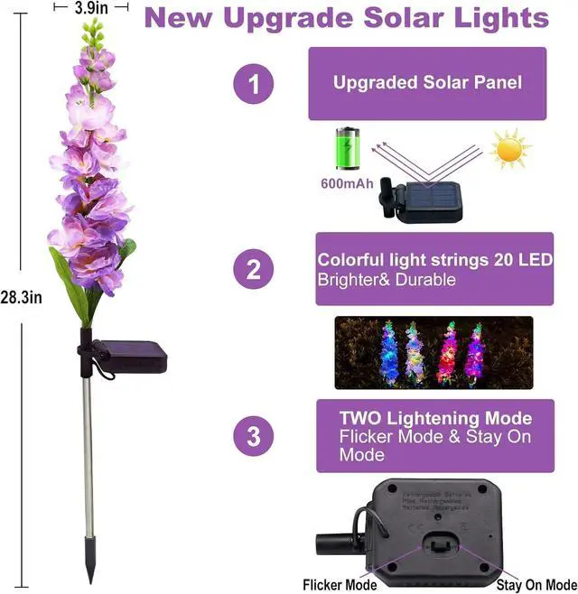 Alt view image 2 of 7 - Solar Garden Lights, 6 Pack 20 LEDs Solar Delphinium Flowers Lights Gifts for Mom Grandma Women, Waterproof Solar Outdoor Lights Two Lighting Modes for Wedding Garden Yard Patio Decor