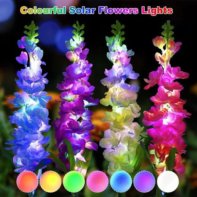 Alt view image 3 of 7 - Solar Garden Lights, 6 Pack 20 LEDs Solar Delphinium Flowers Lights Gifts for Mom Grandma Women, Waterproof Solar Outdoor Lights Two Lighting Modes for Wedding Garden Yard Patio Decor