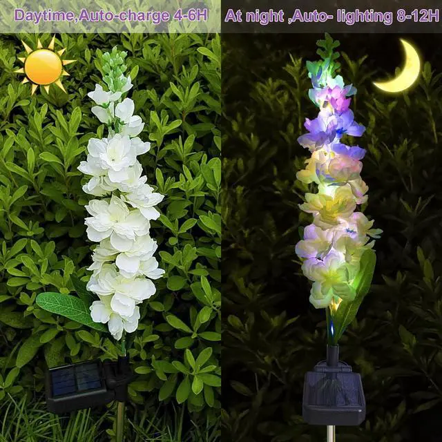 Alt view image 4 of 7 - Solar Garden Lights, 6 Pack 20 LEDs Solar Delphinium Flowers Lights Gifts for Mom Grandma Women, Waterproof Solar Outdoor Lights Two Lighting Modes for Wedding Garden Yard Patio Decor