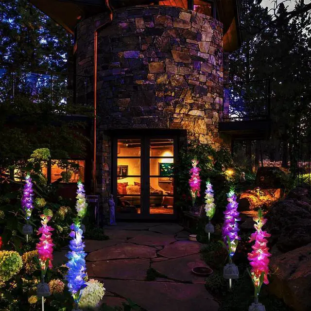 Alt view image 6 of 7 - Solar Garden Lights, 6 Pack 20 LEDs Solar Delphinium Flowers Lights Gifts for Mom Grandma Women, Waterproof Solar Outdoor Lights Two Lighting Modes for Wedding Garden Yard Patio Decor