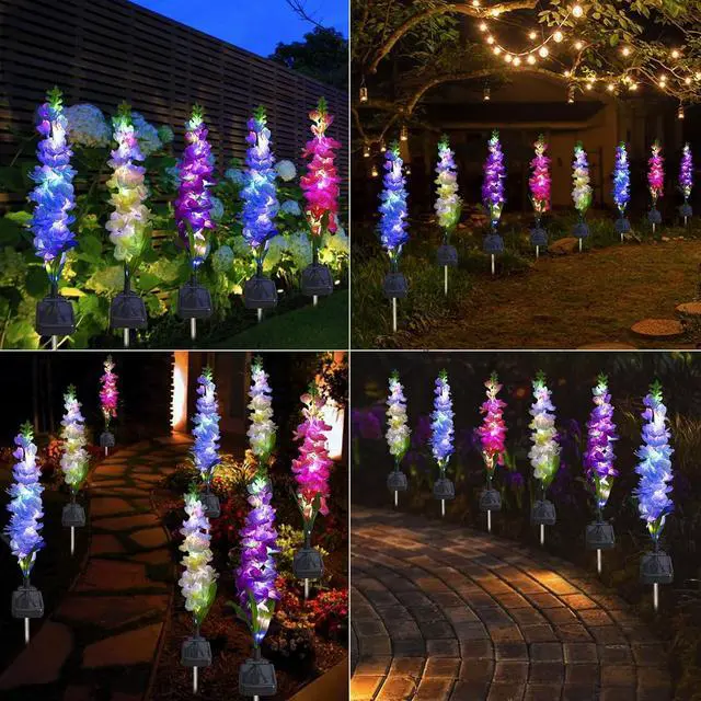 Alt view image 7 of 7 - Solar Garden Lights, 6 Pack 20 LEDs Solar Delphinium Flowers Lights Gifts for Mom Grandma Women, Waterproof Solar Outdoor Lights Two Lighting Modes for Wedding Garden Yard Patio Decor