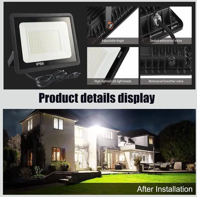 Alt view image 6 of 7 - 2Pack LED Flood Light Outdoor,150W LED Work Light 15500lmwith 6FT US Plug,IP66 Waterproof Exterior Security Lights,6000K Daylight White Outside Floodlights Slim Design for Playground Yard