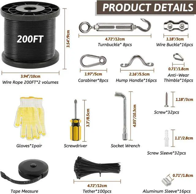 Alt view image 2 of 7 - 400 Ft String Light Hanging Kit Outdoor, Nylon Coated Stainless Steel 304 Wire Rope, String Light Kit Included Enough Accessories, Guide Wire for Outdoor String Lights, Patio Lights, Camping Lights