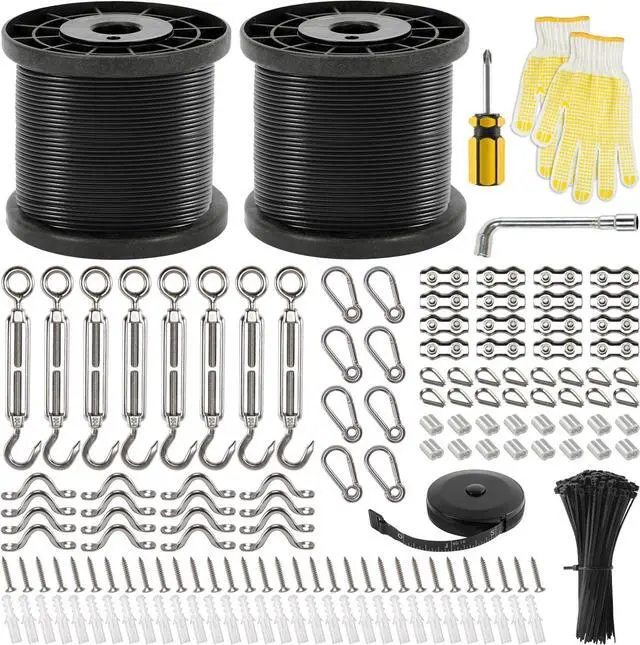 Main image of 400 Ft String Light Hanging Kit Outdoor, Nylon Coated Stainless Steel 304 Wire Rope, String Light Kit Included Enough Accessories, Guide Wire for Outdoor String Lights, Patio Lights, Camping Lights