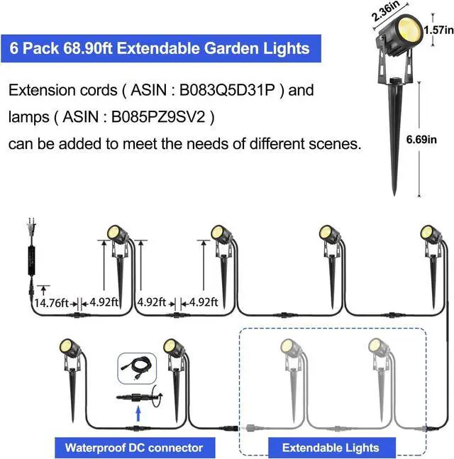 Alt view image 6 of 7 - Landscape Lighting, 3W 12V Extendable Low Voltage 6 in 1 Landscape Lights with Transformer IP65 Waterproof 1800 Lumen Outdoor Spotlight for Garden Walls Trees Flag Pathway, Warm White