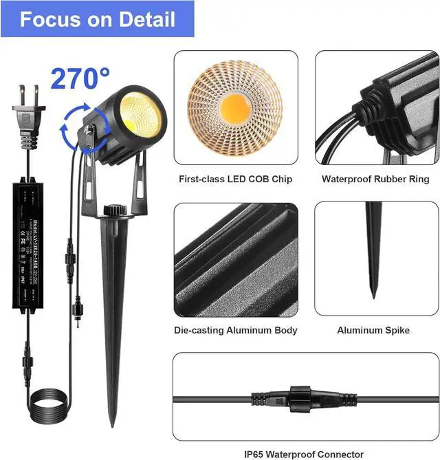 Alt view image 7 of 7 - Landscape Lighting, 3W 12V Extendable Low Voltage 6 in 1 Landscape Lights with Transformer IP65 Waterproof 1800 Lumen Outdoor Spotlight for Garden Walls Trees Flag Pathway, Warm White