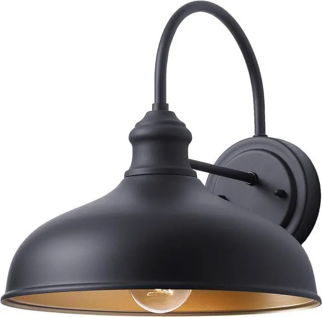 Main image of 12" Outdoor Gooseneck Barn Light for Patio, Large Farmhouse Wall Mount Lights for Garage, Black Exterior Barn Porch Light Fixture with Brass Interior, Outside Wall Sconce for House
