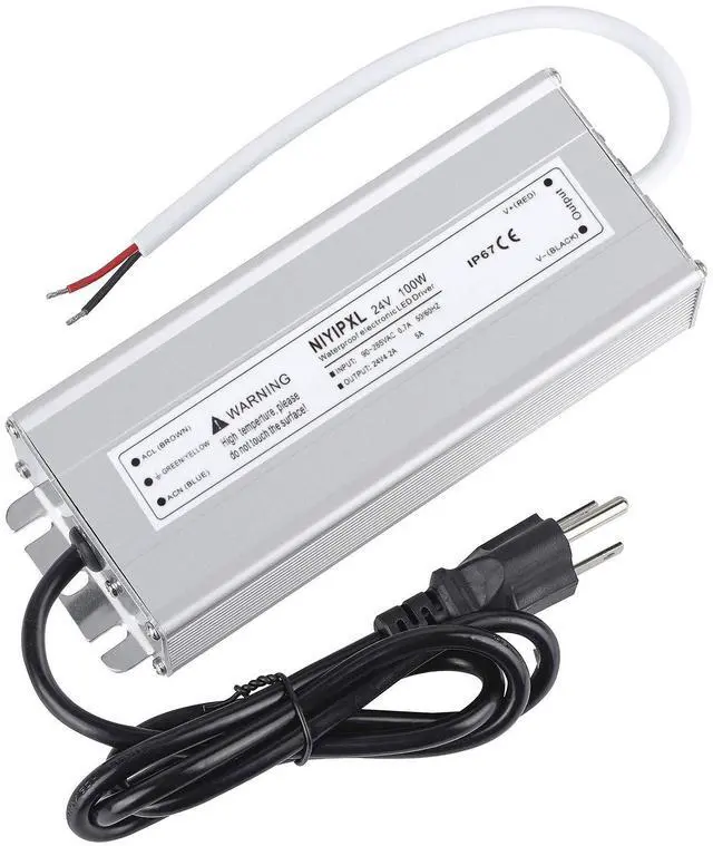 Main image of LED Driver 100 Watts 24V DC Low Voltage Transformer Waterproof IP67 LED Power Supply, Adapter with 3-Prong Plug 3.3 Feet Cable for Any 24V DC led Lights, Computer Project, Outdoor Light