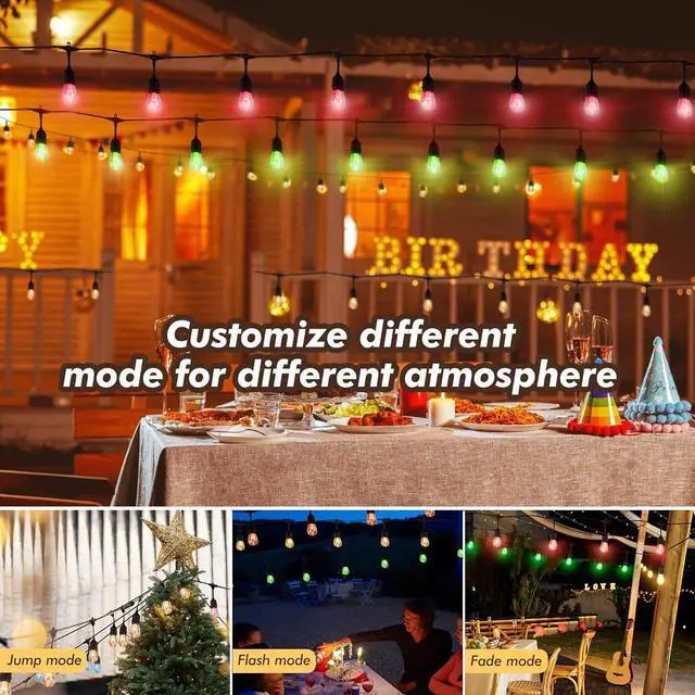 Alt view image 2 of 6 - 48FT RGB Outdoor String Lights, LED Waterproof Patio Lights with Remote, Color Changing Decorative Lamp for Backyard