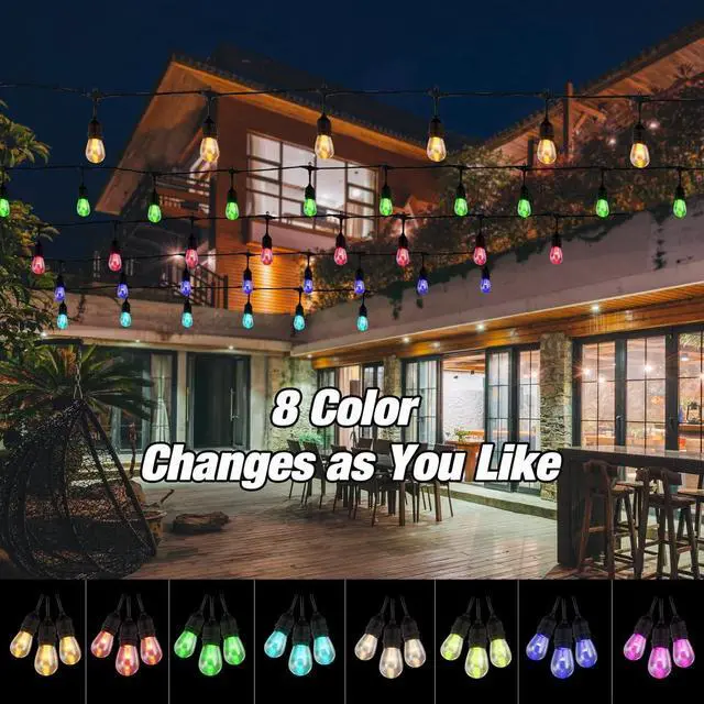 Alt view image 3 of 6 - 48FT RGB Outdoor String Lights, LED Waterproof Patio Lights with Remote, Color Changing Decorative Lamp for Backyard