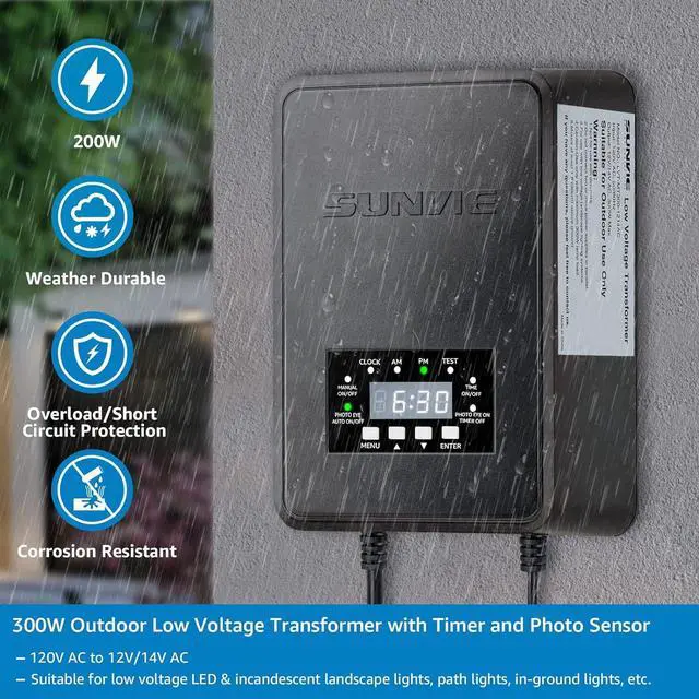 Alt view image 5 of 7 - SUNVIE 300W Low Voltage Transformer with Timer and Photocell Sensor Landscape Lighting Transformer Waterproof 120V to 12V/14V AC Outdoor Low Voltage Transformers for Landscape Pathway Lights Spotlight