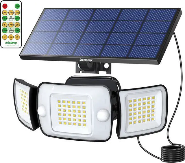 Main image of intelamp Solar Lights Outdoor, 3 Head Solar MotionSensor Lights for Outside, lP65 Waterproof,Separate Panel with 9FT Cable RemoteControl Wall Lights