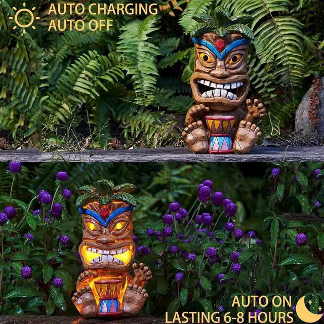 Alt view image 4 of 7 - Outdoor Tiki Statue Decoration-Solar Power Light Tiki Garden Statues-Tiki Bar Decor Totem Pole Waterproof Figurines for Garden,Patio,Balcony,Yard,Lawn Ornament,10.43 Inch Tall