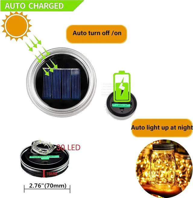 Alt view image 3 of 6 - Solar Mason Jar Lights Lids, 12 Pack 30 Led Fairy Lights(Jars Not Included), Outdoor Hanging Mason Jar Solar Lights, Fairy in a Jar Firefly Lights for Patio Garden Table Decor Gifts