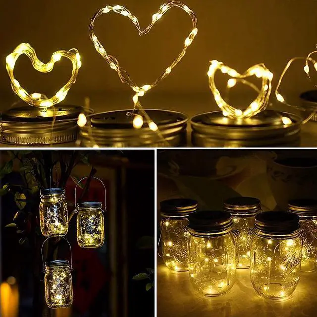Alt view image 5 of 6 - Solar Mason Jar Lights Lids, 12 Pack 30 Led Fairy Lights(Jars Not Included), Outdoor Hanging Mason Jar Solar Lights, Fairy in a Jar Firefly Lights for Patio Garden Table Decor Gifts